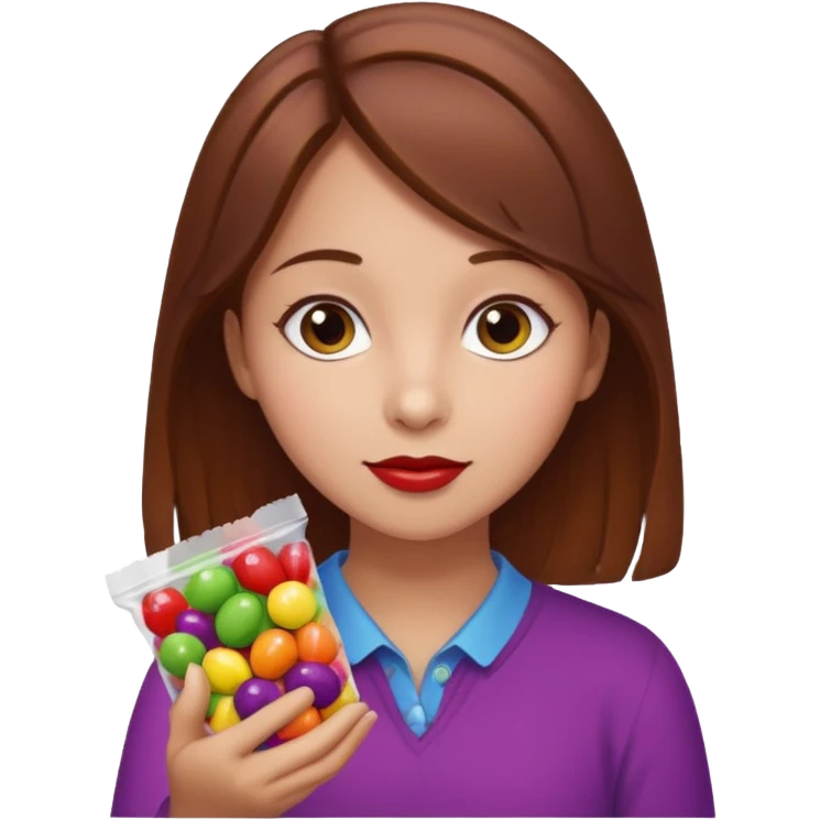 girl with brown hair holding wild berry skittles emoji