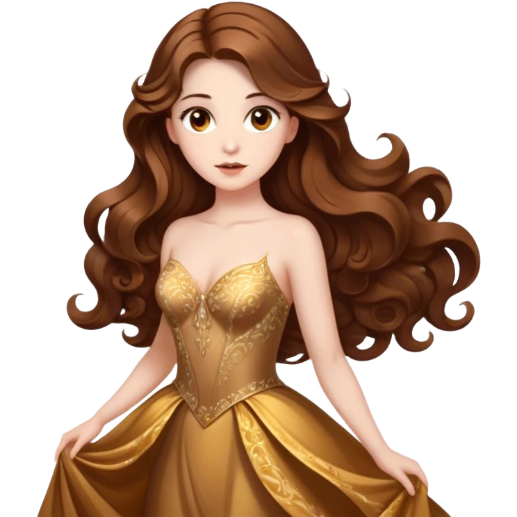 Cinematic Stunning Belle Portrait Emoji, Deep brown eyes full of curiosity, long chestnut hair flowing in soft waves, wearing her golden ballroom gown, glowing with warmth and elegance, a princess whose beauty is as radiant as her mind! emoji
