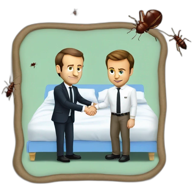emmanuel macron handshaking with a bed bug emoji