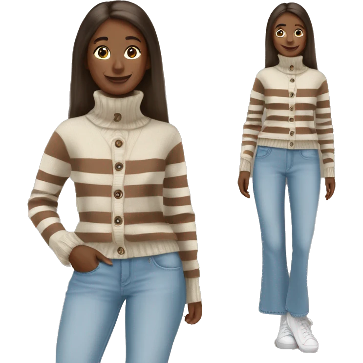 white cardigan on brown turtle neck sweater with brown white cream stripes and a flared light blue jeans emoji
