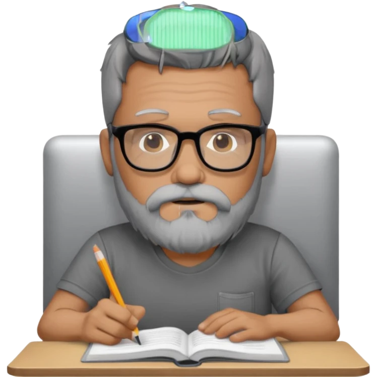 A man with a large gray beard, dark hair, wearing a t-shirt and glasses, studying. emoji