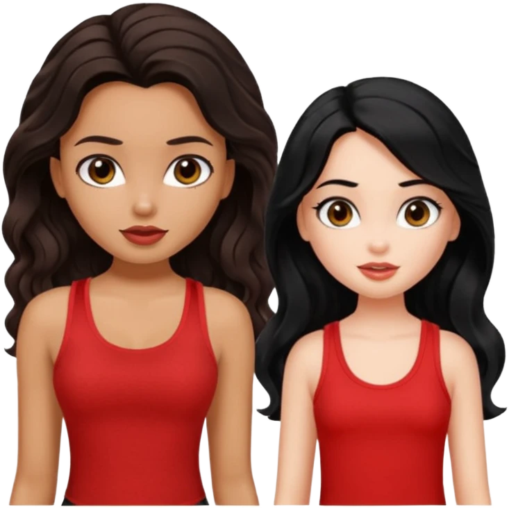 generate a pretty tan bratz girl with brown wavy hair long wearing a red tank top. talking to a girl with black hair wearing black emoji