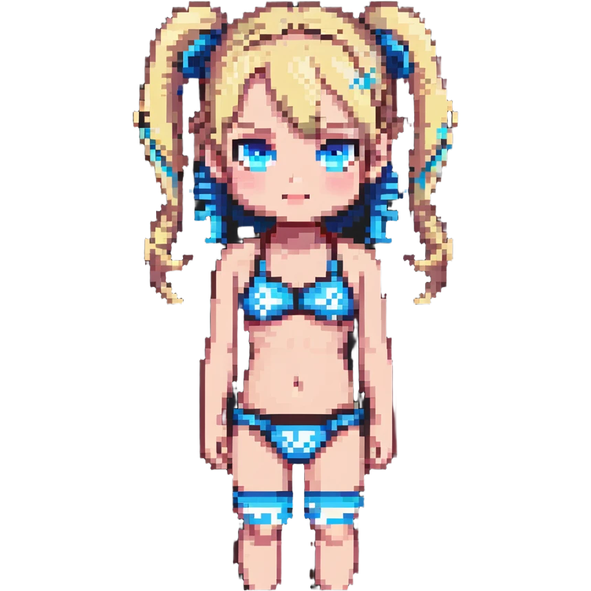Blonde girl with pigtails, blue eyes, wearing a bikini, cute pixelated character emoji