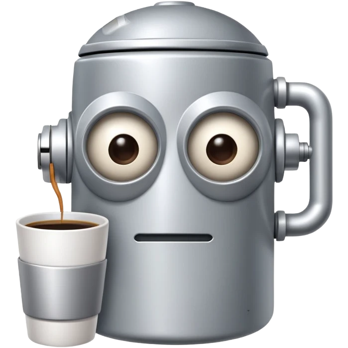A sleepy robot with droopy eyes holding a coffee mug, looking exhausted emoji