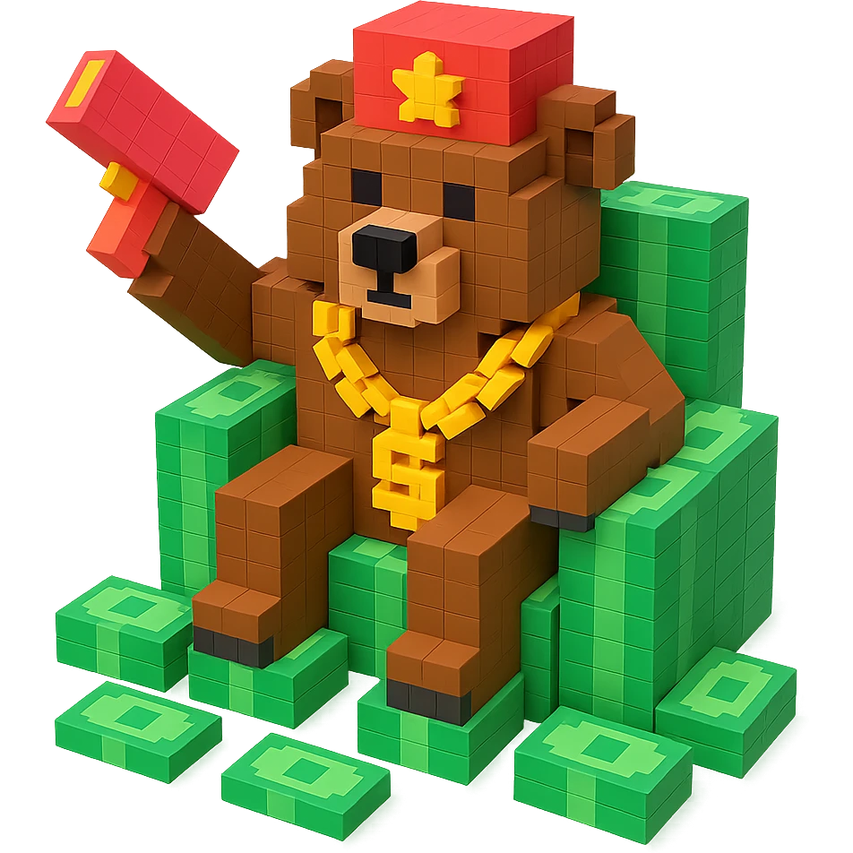 Russian grizzly bear with a rapper chain and a money gun, sitting on a throne of cash emoji