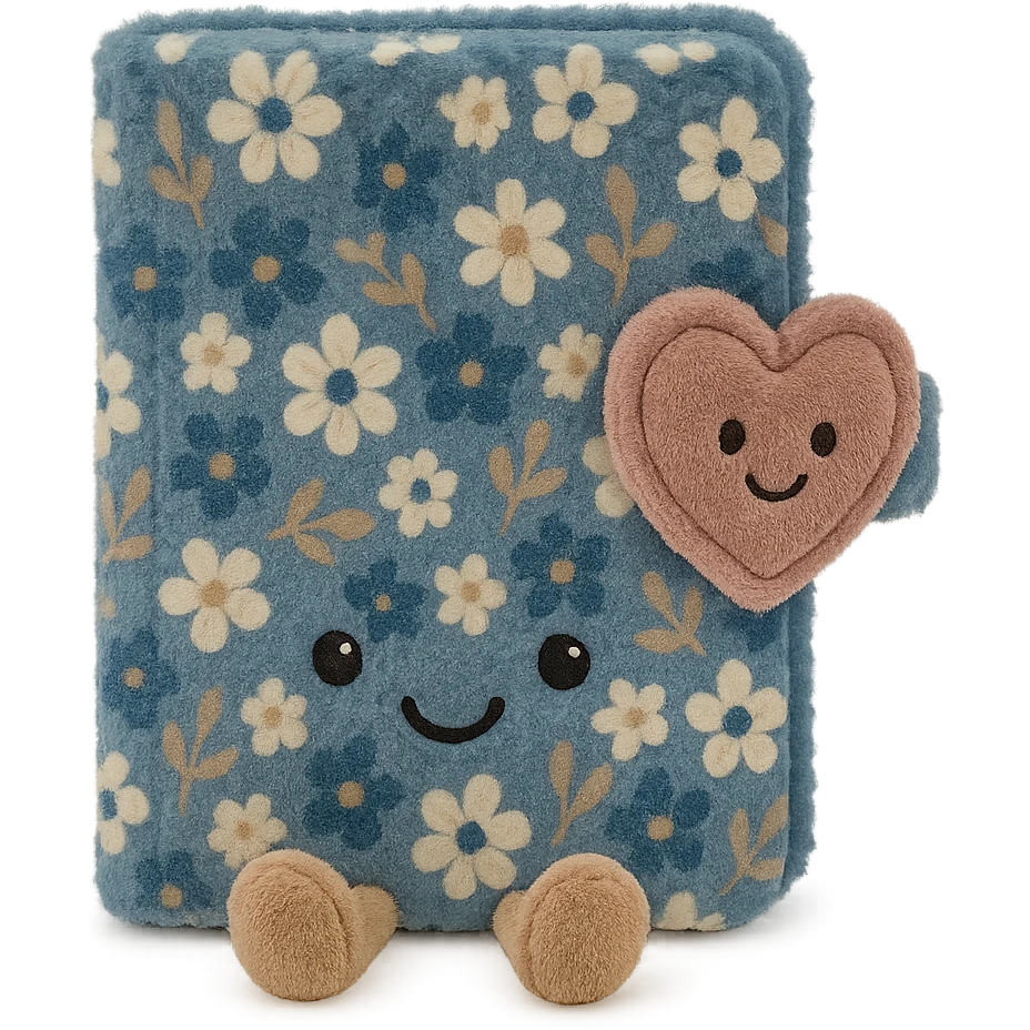 Blue Floral journal with a heart-shaped lock as a kawaii plushie, jellycat style  emoji