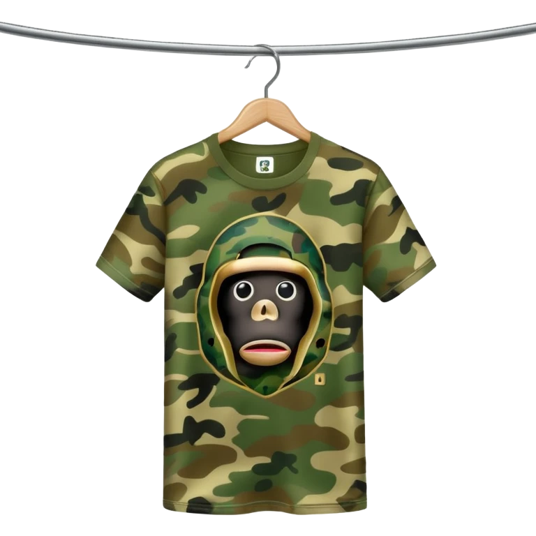high quality emoji of a BAPE T-shirt on a hanger displaying classic green camouflage and BAPE ape head emblem, polished modern look emoji