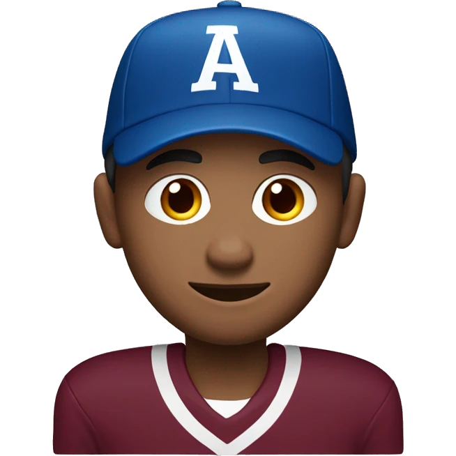 A man in wearing a maroon and blue  jersey. He has a maroon and blue coloured sport cap on his head and a slight smile on his face.only front side. emoji