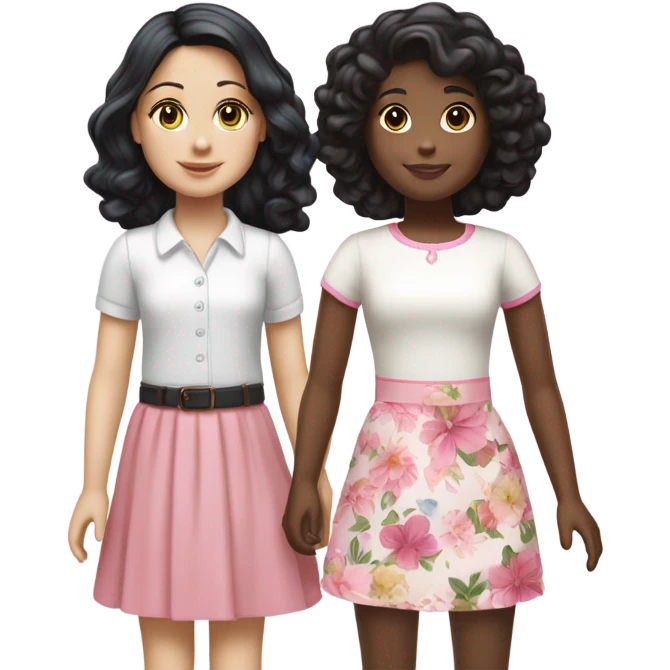  one  girl with short straight black hair and pale skin with white shirt and pink skirt on, one American girl with long curly dirty blond hair and a floral dress on.  Both are friends emoji