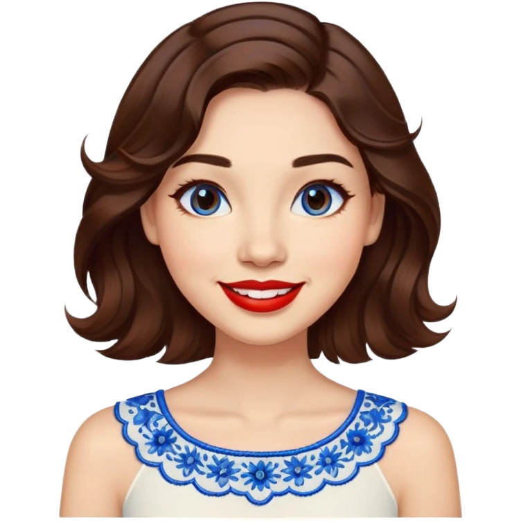 Cheerful woman with clear skin, round face, wide friendly smile, big light brown eyes, vibrant red lipstick, shoulder-length wavy dark brown hair, white top with blue embroidery and electric blue neckline emoji