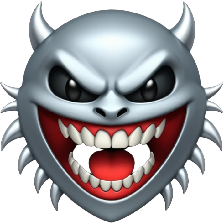 Stylized emoji icon of metallic teeth with sharp fangs, chrome texture, dark shadows, aggressive look emoji