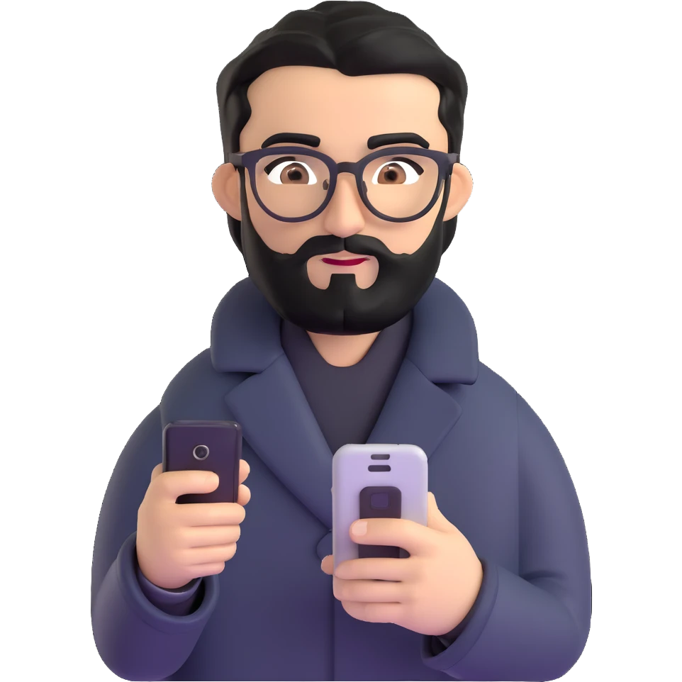 refined professional man standing, wearing black coat, with medium black beard, black hair neatly combed to one side, connected unibrow, olive tan skin, brown eyes, glasses, prominent nose, clearly holding a smartphone in hand emoji
