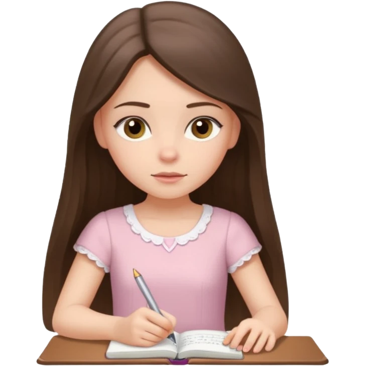 white brunette girl long hair with hazel eyes in a light pink dress writing in a notebook emoji