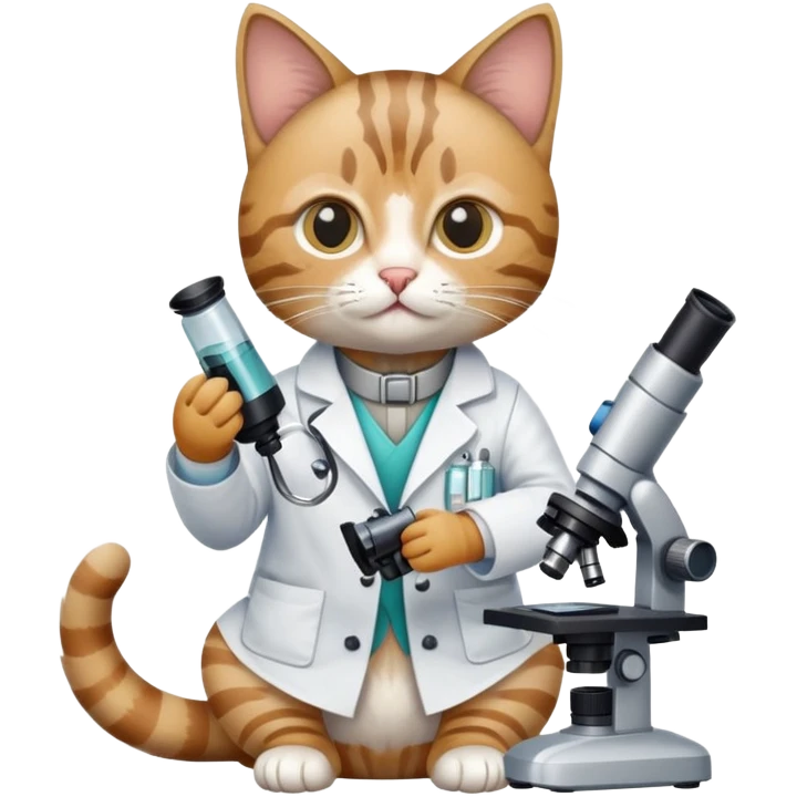 cat full body sitting with a microscope and scientist outfit emoji
