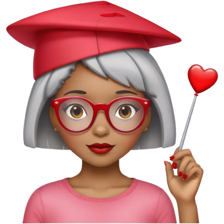 Light skinned Black girl with red glasses short natural gray haircut celebrating Valentine’s Day  emoji