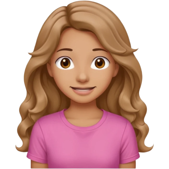 A pretty girl with tan skin and long wavy hair, wearing a pink basic shirt with brown eyes and a closed mouth smile emoji