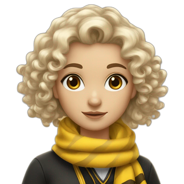 Curly hair white girl in hufflepuff with scarf and wand emoji