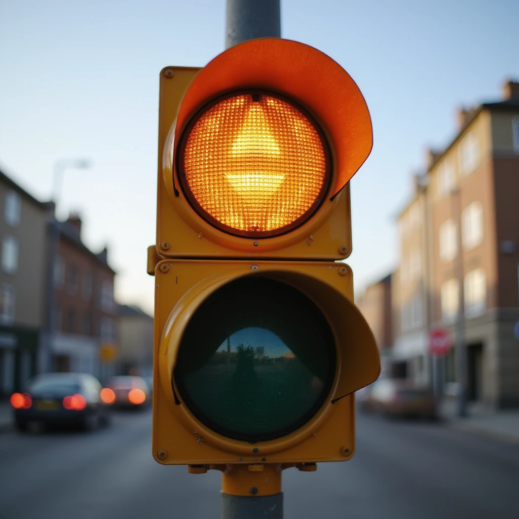 realistic road work signal lights, traffic signal in construction zone, bright yellow and orange colors, clear detailed view emoji
