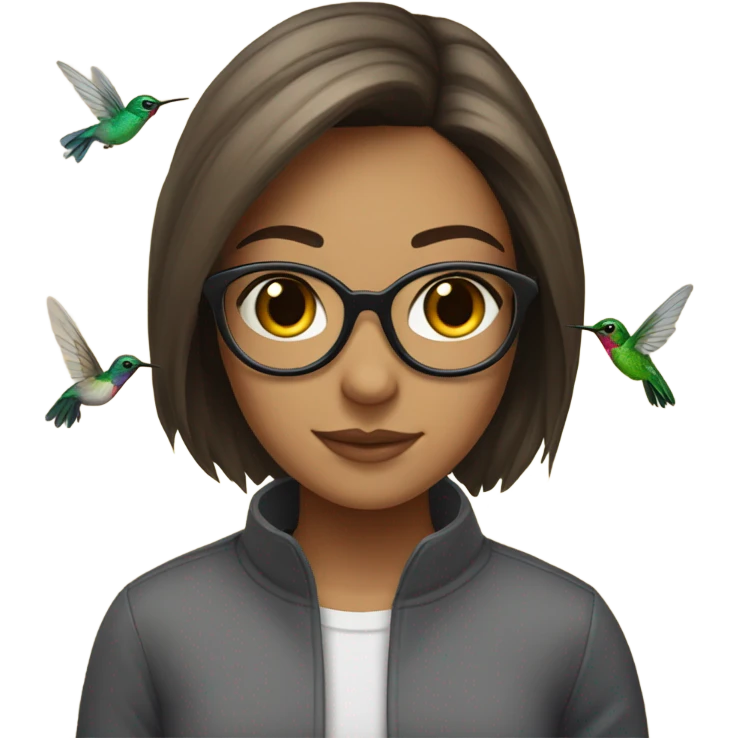 Girl, brunette, with short hair, wearing glasses with a hummingbird next to her emoji