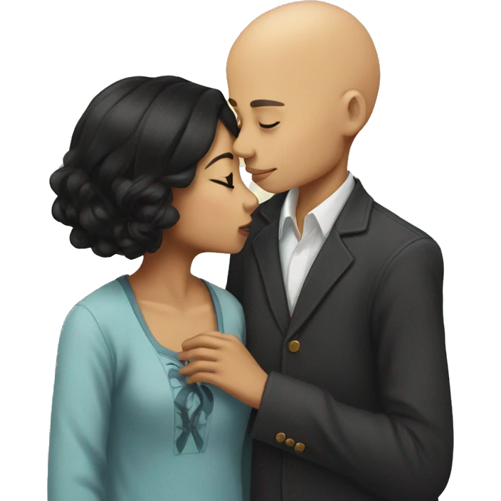 Young Bald black boy kissing young Asian girl with long black hair  emoji