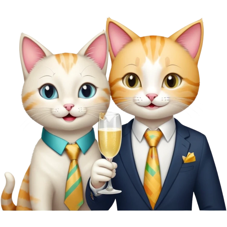 happy girl cat with eyelashes wearing a colorful necktie and happy boy cat wearing a professional necktie clinking champagne glasses together in celebration, both with cheerful expressions emoji