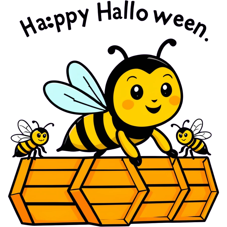 A hive of bees, saying happy Halloween with the queen bee there emoji