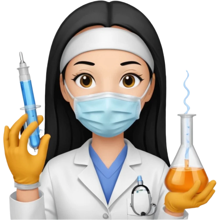 laboratorista con guantes  y mascarilla e insumos laboratorio  jeringa tubos  pelo negro largo triguella emoji
