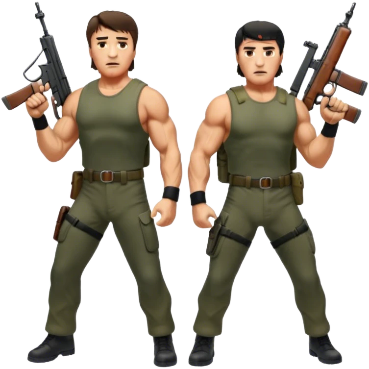 Icon for Action Movies: Arnold Schwarzenegger as John Matrix in Commando and Sylvester Stallone as John Rambo in Rambo, both in iconic action poses with weapons, intense expressions, and explosive backgrounds. Powerful and dynamic with dramatic lighting. Transparent background. emoji