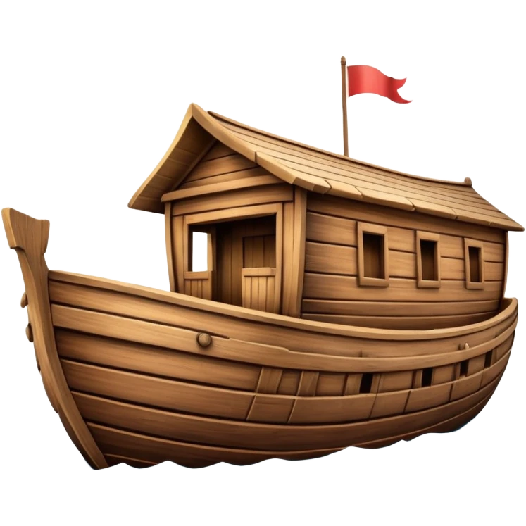 Huge empty wooden Noah's ark boat on water, wide and spacious, no occupants, realistic details emoji