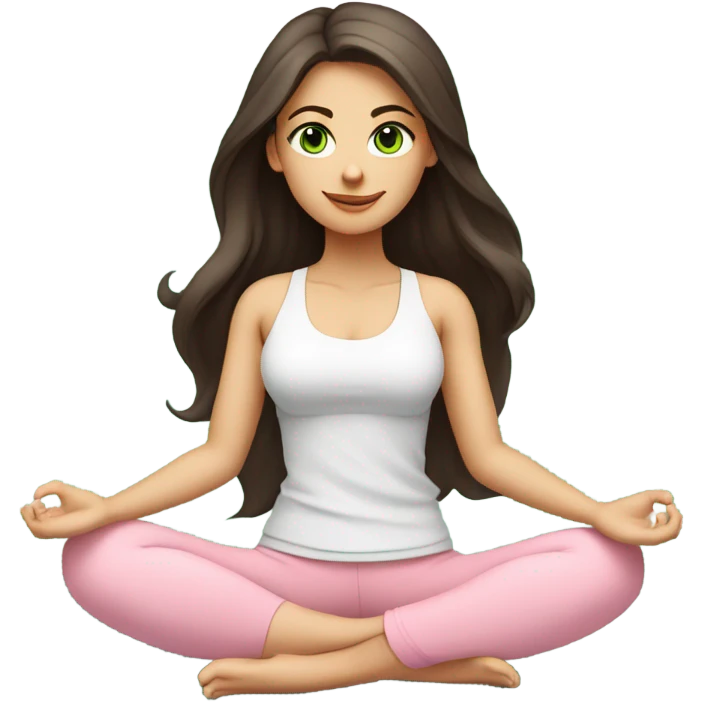 Dark brown long hair and green eyes yoga beautiful girl in light pink pink pink clothes sitting on a yoga mat emoji