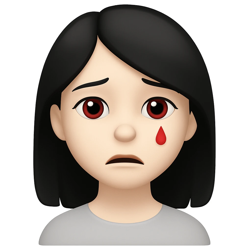 Make the character look like the official Apple emoji style. Replace the lots of blood with a single small red tear. Keep her pale skin, black straight hair, and a subtle sad expression. The style should mimic the Apple emoji style closely. emoji