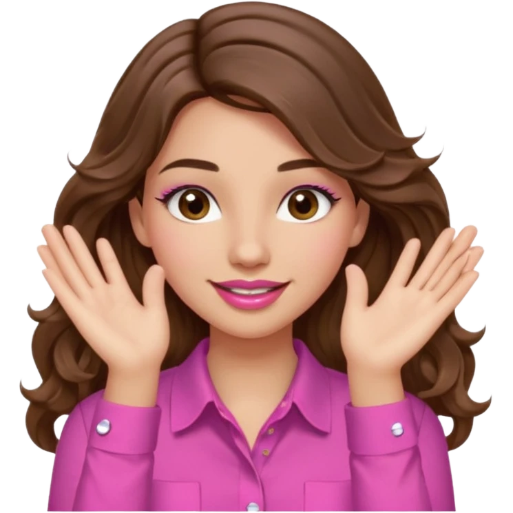 girl with long wavy brown hair, brown eyes, light to medium complexion, in a pink shirt, pink lips, long lashes, puckered lips, both hands in teh air emoji