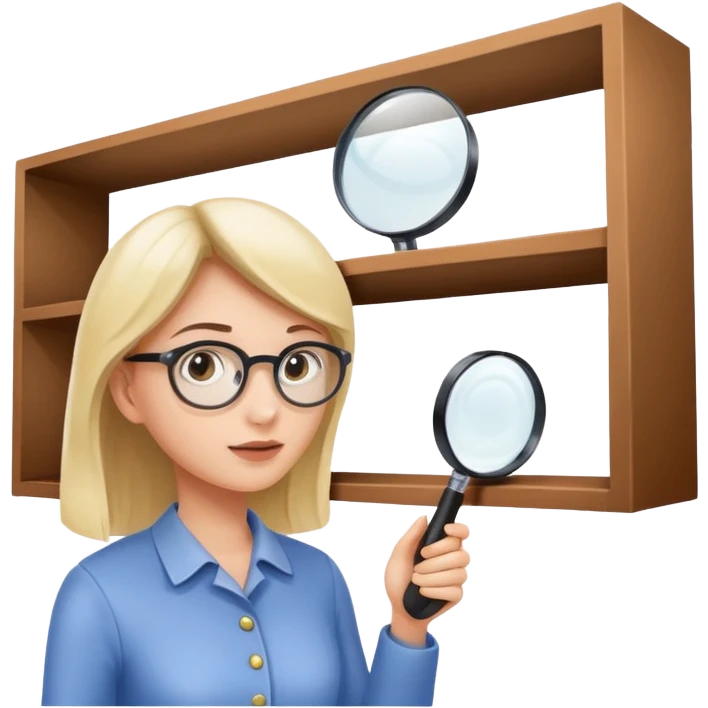 emoji of white empty shelf in perspective view with a woman nearby, she is looking at the shelfs with a magnifying glass emoji