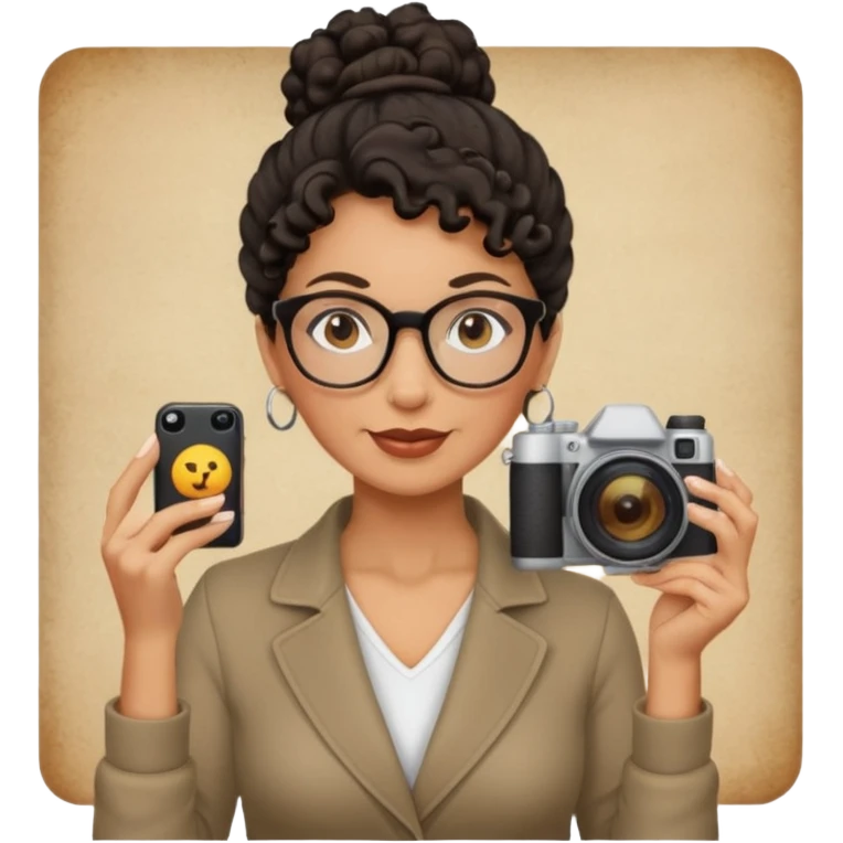 48 year old woman photographer with dark curly hair in a bun emoji