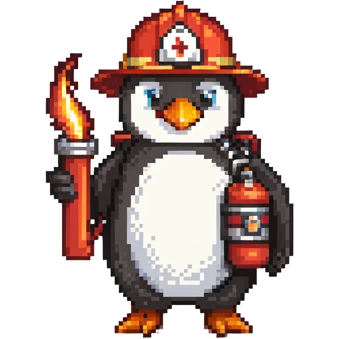 penguin firefighter with helmet and fire hose emoji