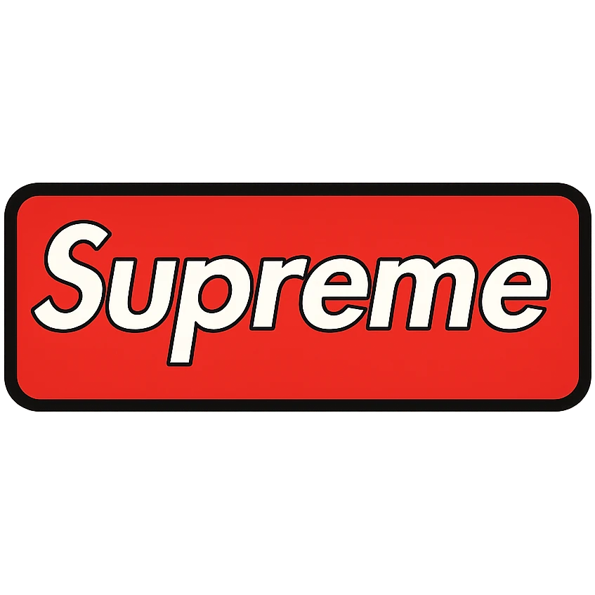 Supreme logo with bold white Futura Heavy Oblique text on a red rectangle, iconic streetwear brand style, minimalistic, clean, modern emoji