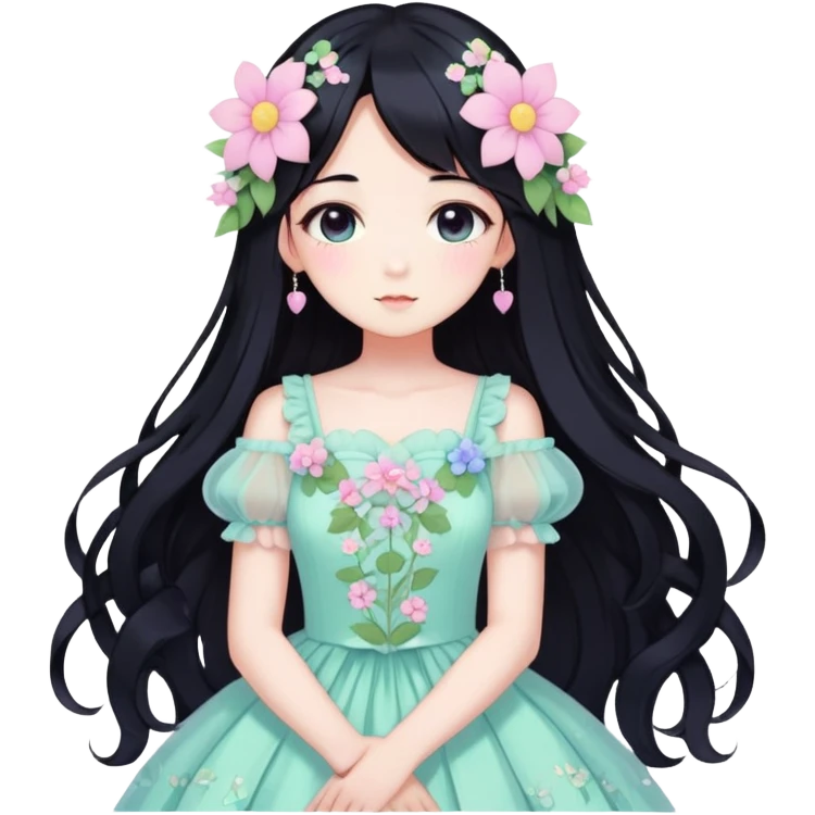 Kawaii anime lady with long black hair wearing a gorgeous pastel fairycore dress with flower details emoji
