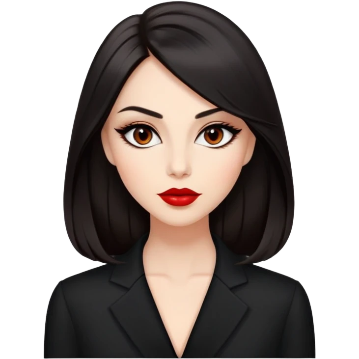 Respected actress with fair glowing skin, voluminous dark straight hair with slight waves at ends, almond eyes with refined eyeliner, defined features, red lips, black elegant outfit, poised professional expression emoji