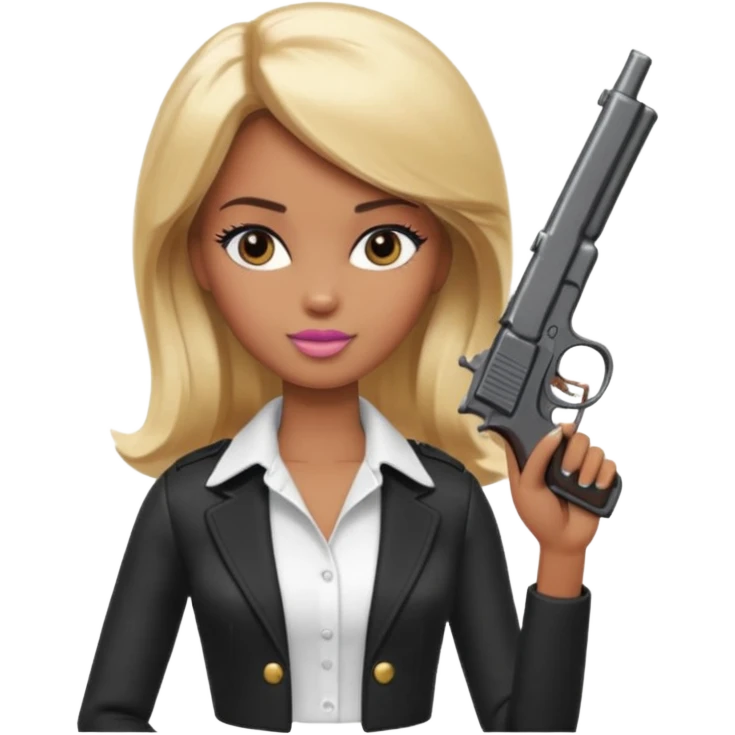 Brown skin blonde hair barbie wearing white shirt holding a black gun emoji
