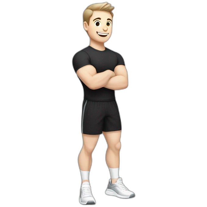 Joyful Celebrating victory Pale skinned Fit Man With the biceps and dark brown hair in black shirt, gray sports shorts and white Sneakers emoji