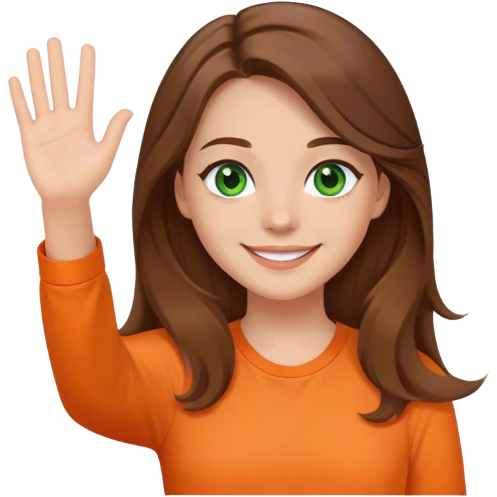 smiling girl with brown hair, long hair, middle hair part, waving, green eyes, orange shirt emoji