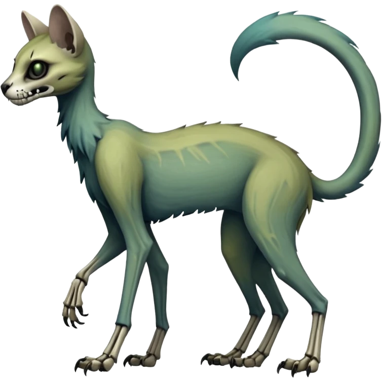 long-snouted evil skeletal skully zombie-like swampy ghostly dull spectral edgy spooky bloody meager thin cool skeleton-zombie-caracal-civet-genet-sergal-vernid-Gryphon-Cacomistle-Trico-oncilla-animal-Fakémon-hybrid-fursona (full body) emoji