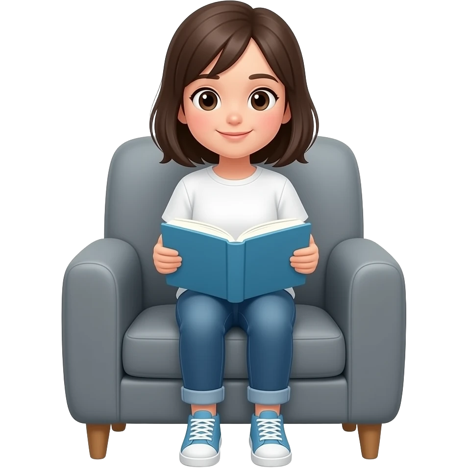 girl sitting in gray armchair with book emoji