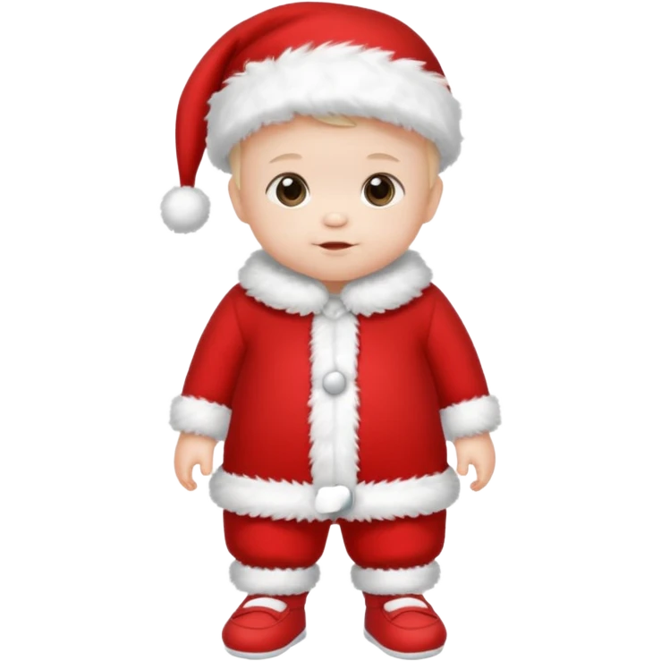 a standing baby wearing santa clothes and cute fluffy shoes emoji