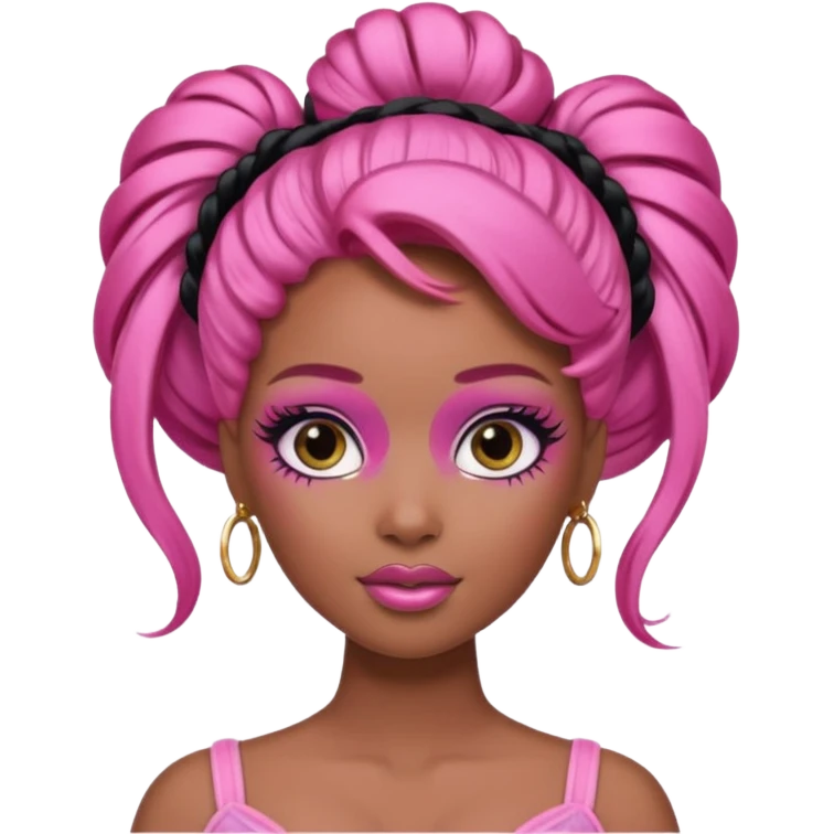 black barbie. updo hair, pink hair, perfect makeup and super pretty emoji