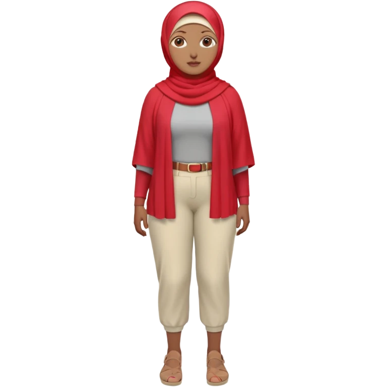 Heavy-set woman with medium-brown skin wearing a light red hijab, cream top, light red pants, tan shoes, and a visible gray below-knee prosthetic leg. Standing confidently with one hand on her hip emoji