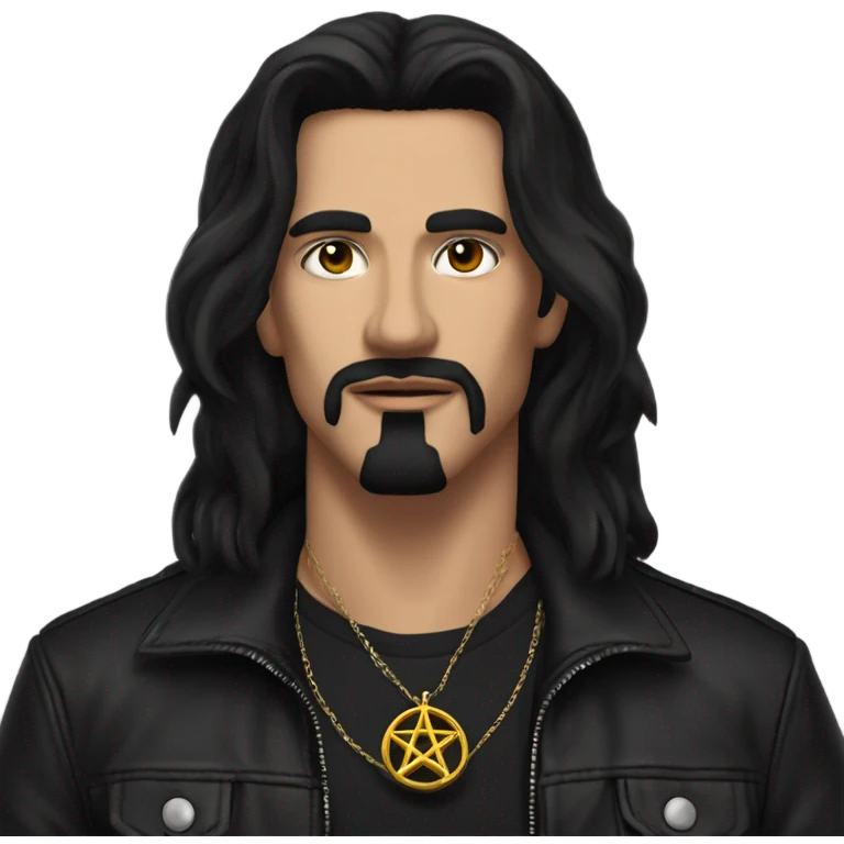 Man with very long black hair, black goatee, square jawline, eyeliner, black leather jacket, black pants, black shirt and pentacle necklace emoji