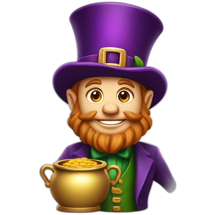 A leprechaun green and purple cartoon character with a gold pot to my company ProsperOn emoji