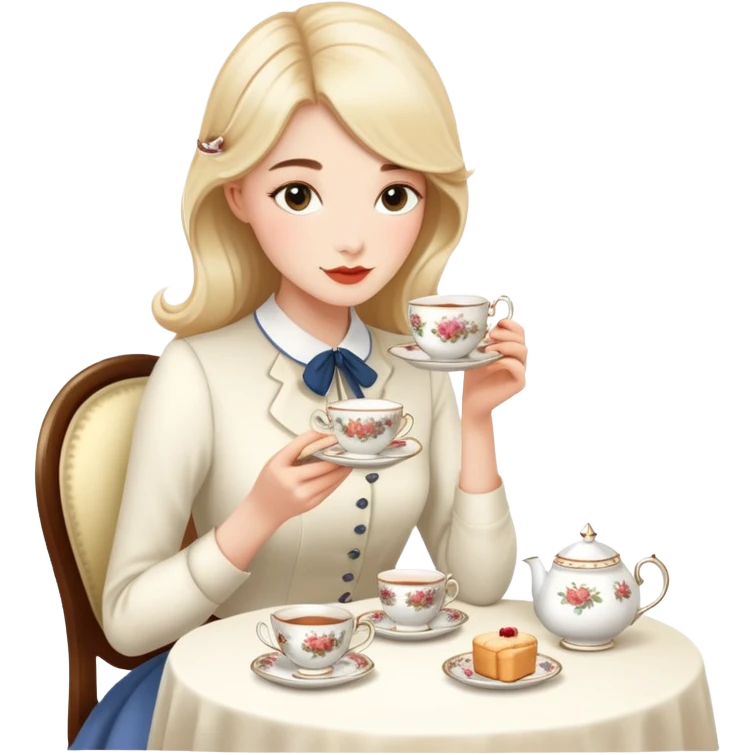 Elegant British girl drinking afternoon tea with scones and teacup, proper posture emoji