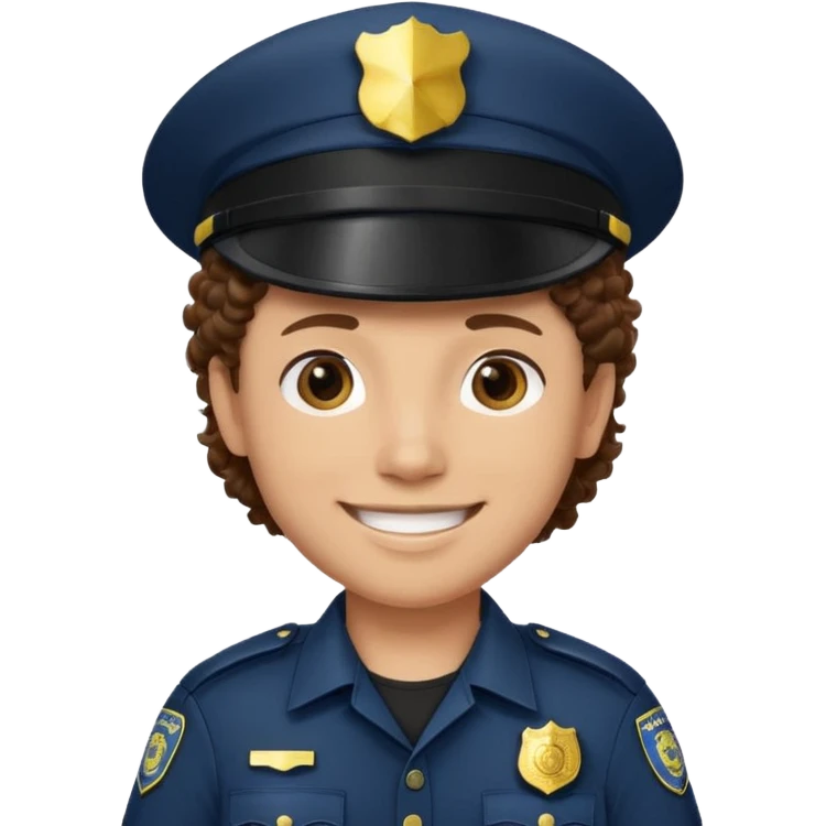 a cartoon-style avatar of a police officer with curly brown hair, wearing a black cap emoji